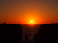 三宅島メガネ岩から見た三本岳に沈む夕日